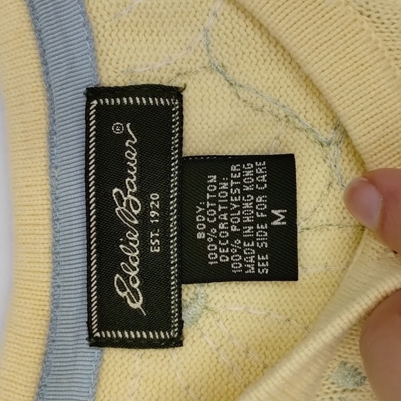 Eddie Bauer Yellow Button Down Sweater Size Medium Cotton Blue Green Stitching - Picture 8 of 9
